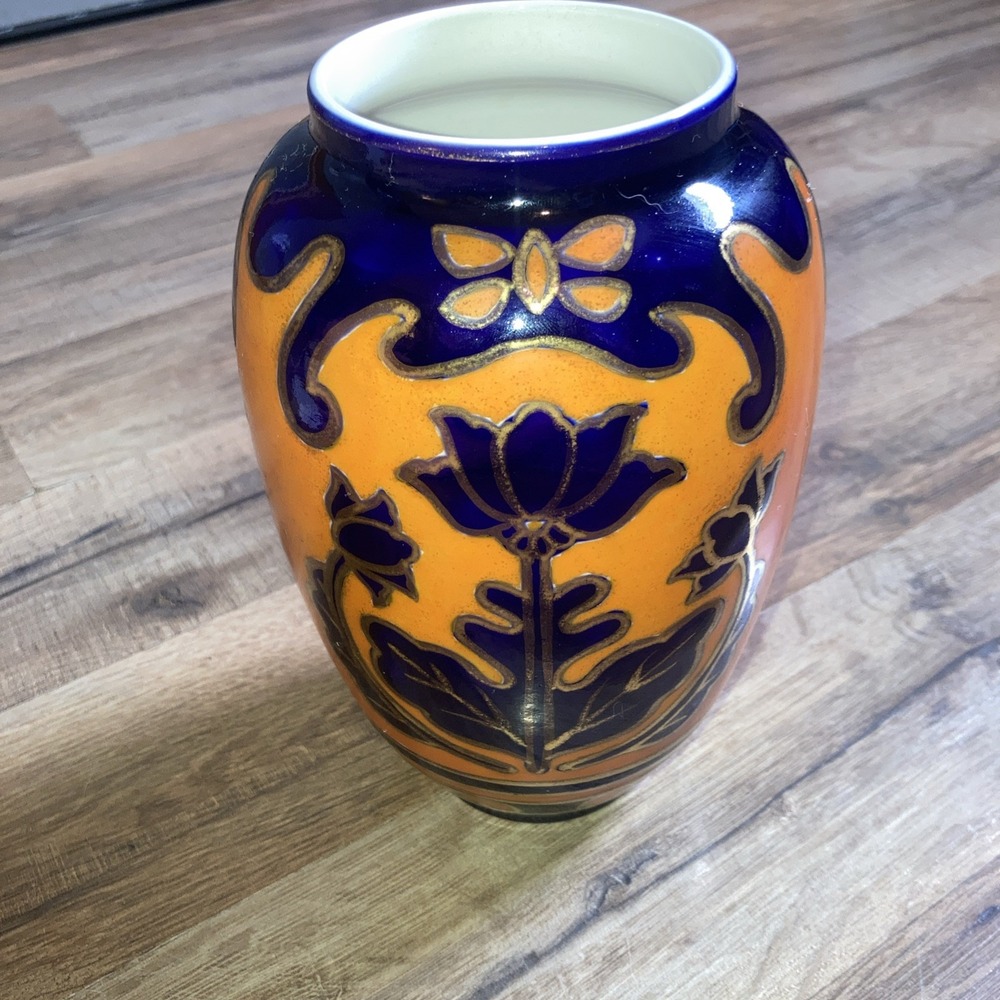 Antique Nippon Cobalt Blue Orange Gold Art Nouveau Vase Hand Painted Deco 7.5"